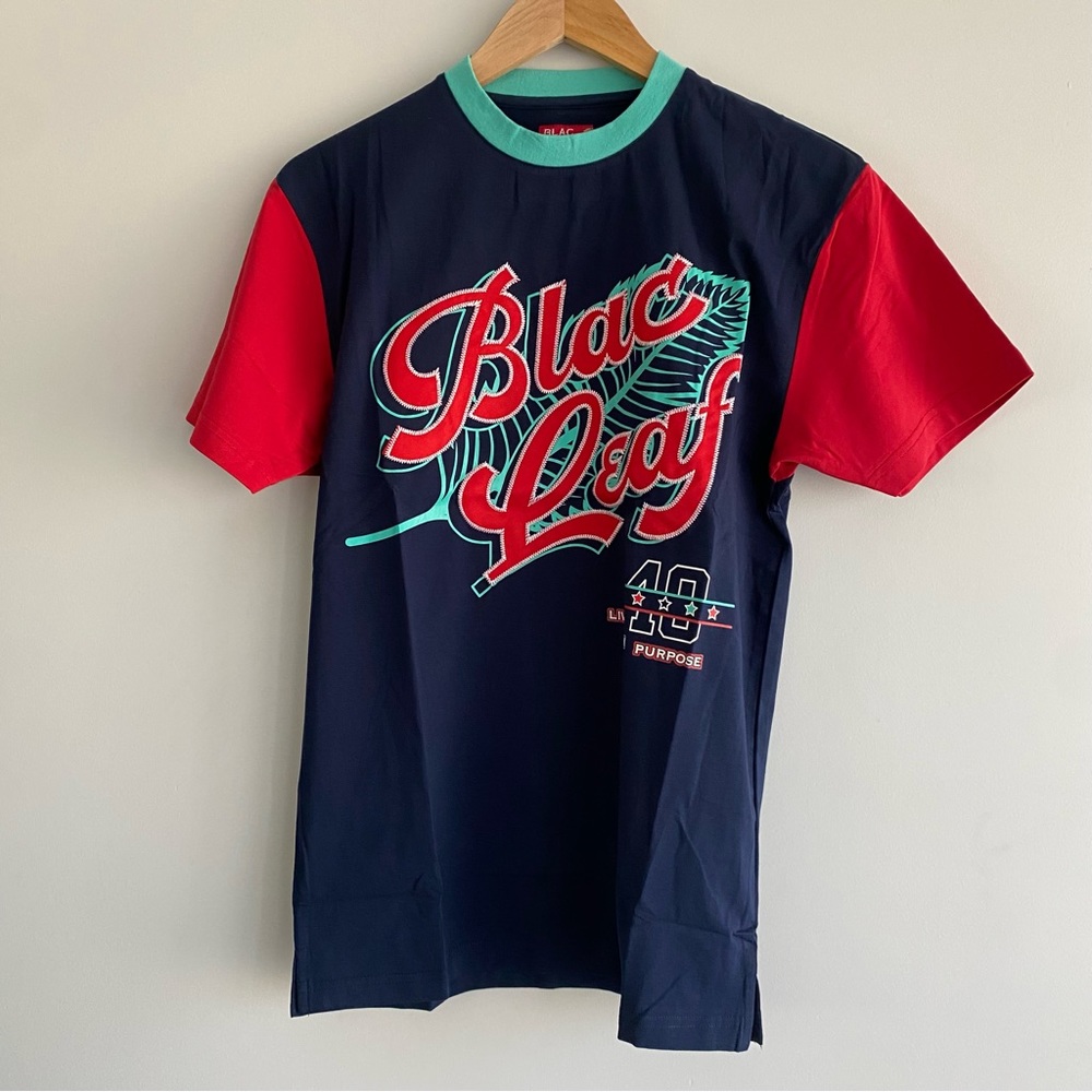 Men’s Short Sleeve Baseball Tee Blac Leaf Print Blue Blac Leaf Size S